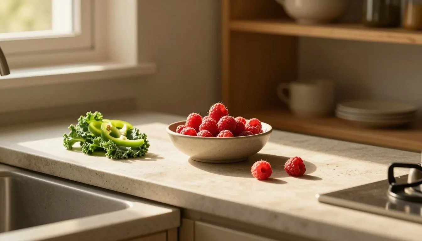 Fresh berries and leafy greens arranged on glaze plates along a warm timber shelf at golden hour