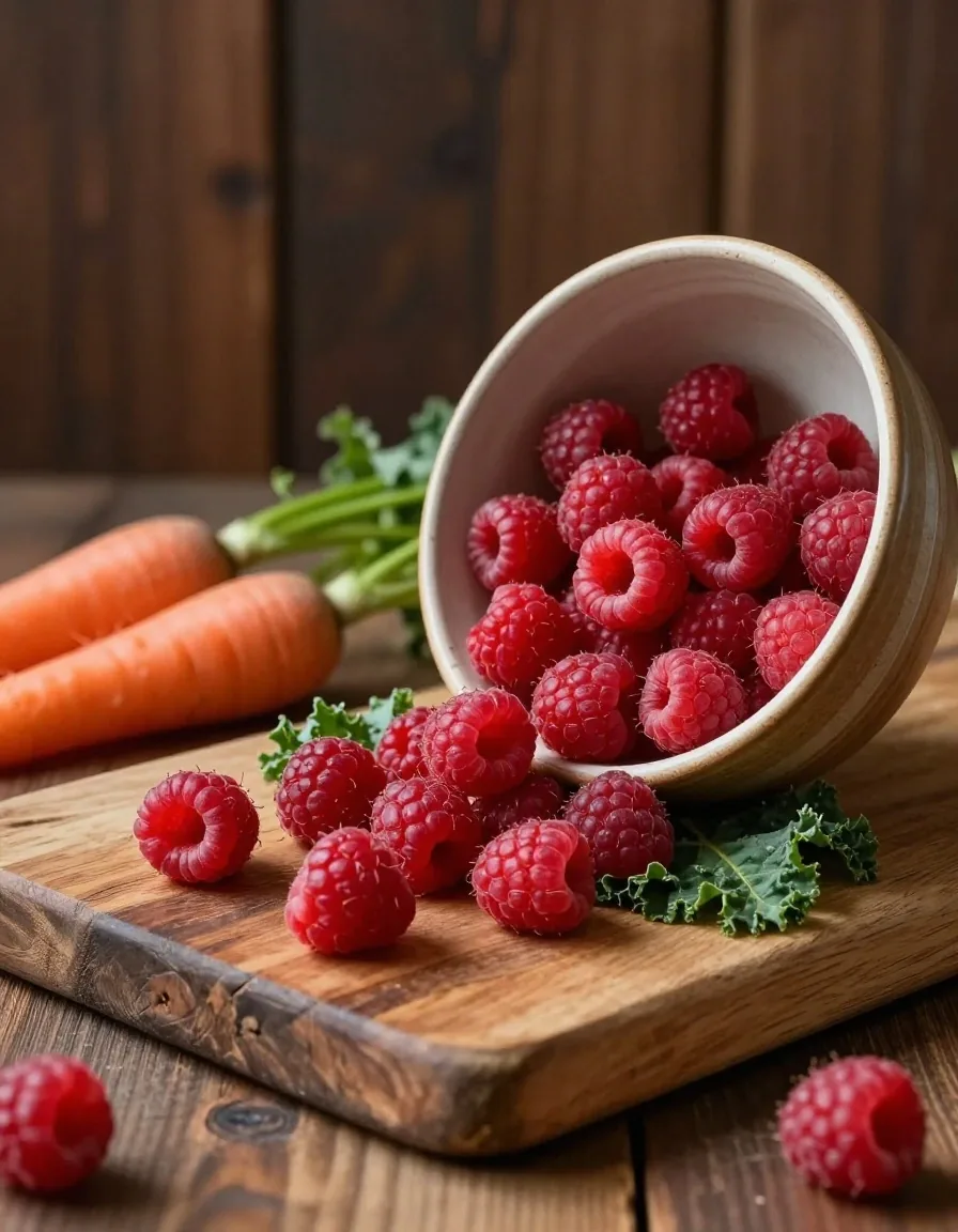 Leafy greens and dark berries on a ceramic plate on a timber counter
