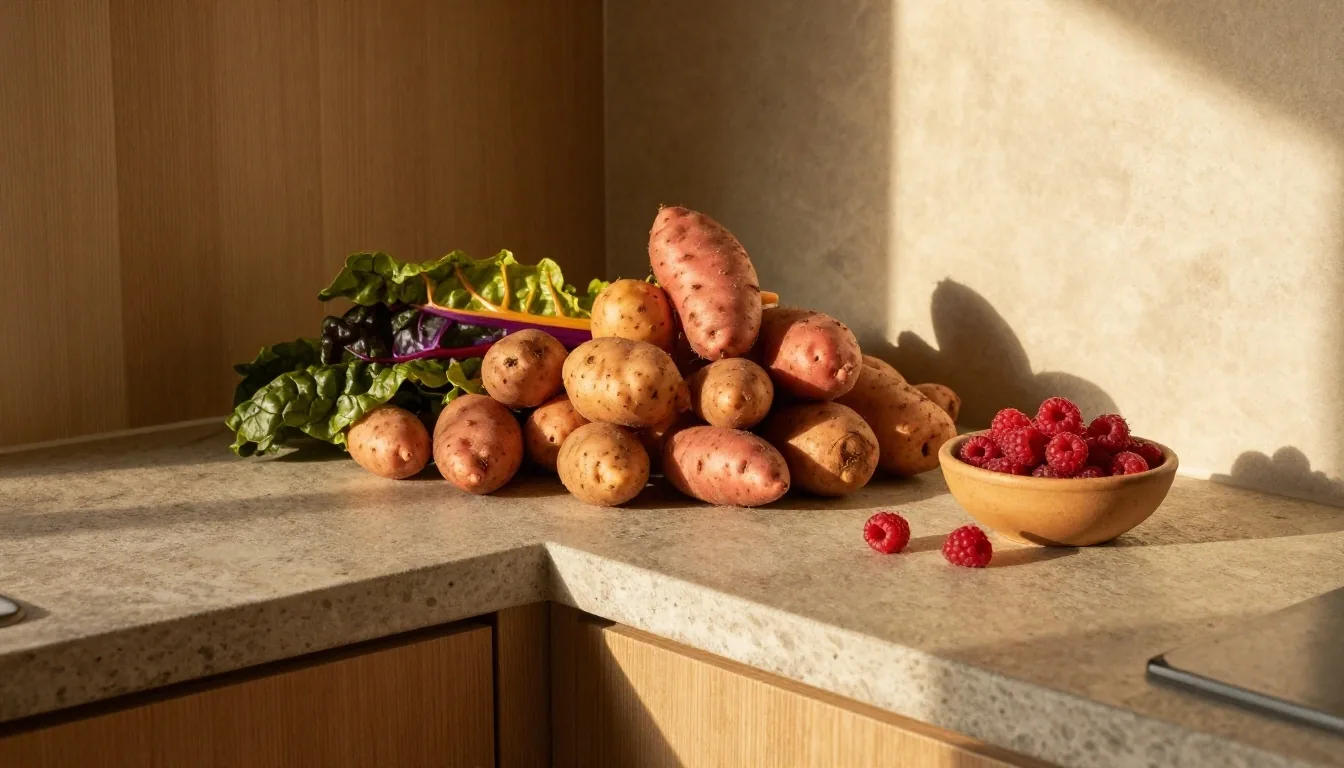Seasonal South African produce arranged on a stone counter with a timber wall