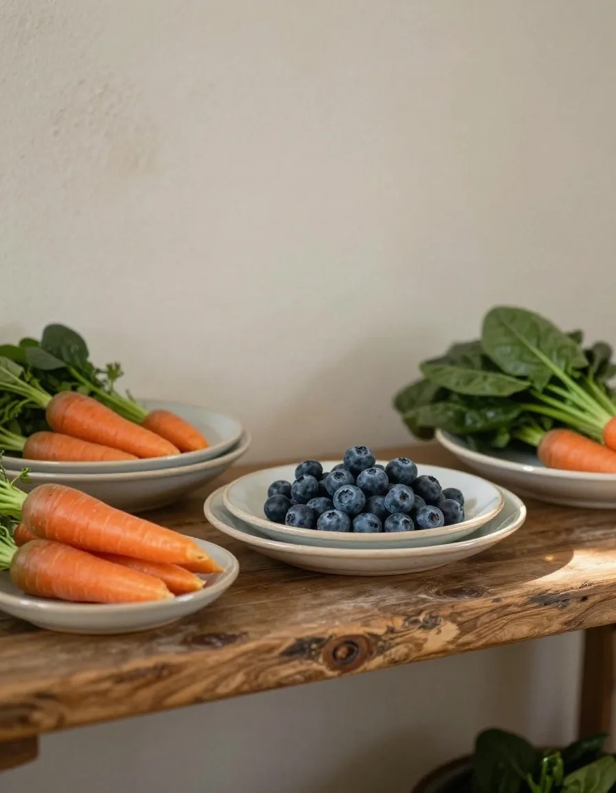 Fresh produce arranged on ceramic plates on a wooden shelf