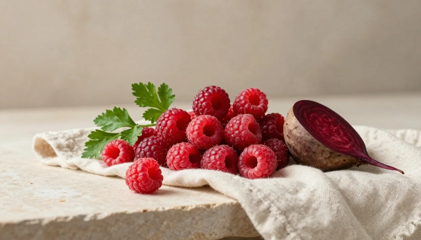 Fresh berries and leafy greens on a stone counter under warm lamp light