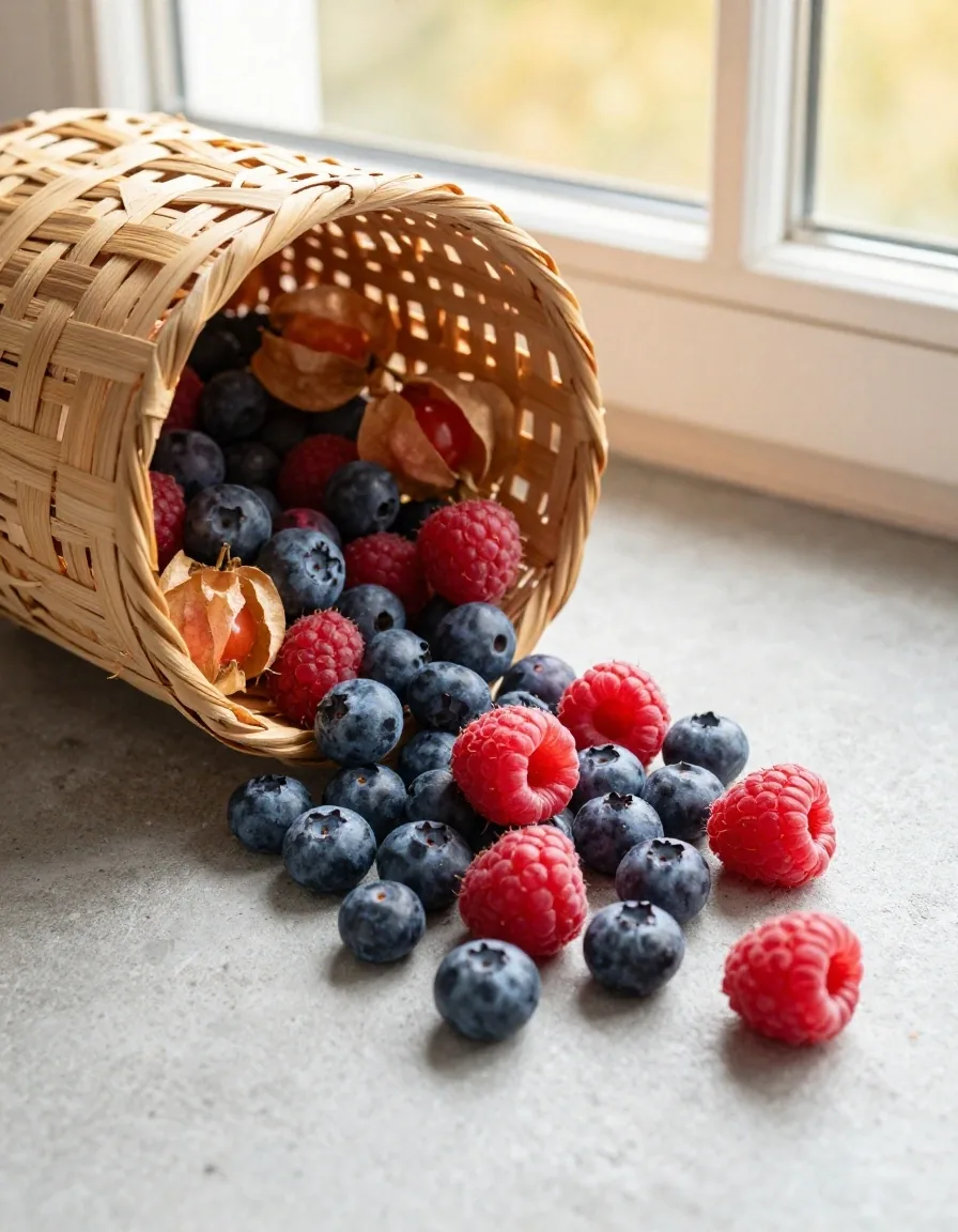 An assortment of fresh berries arranged on a pale stone surface