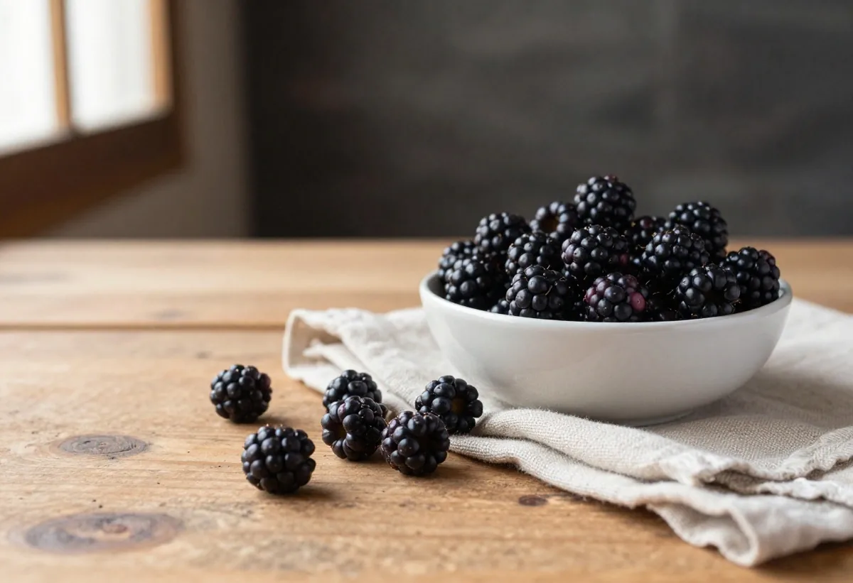 Blackberries in a ceramic bowl on a wooden counter