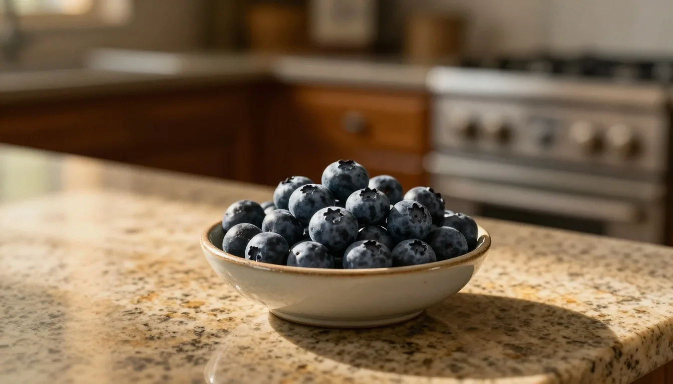 Bowl of fresh blueberries on a warm stone counter in soft lamp light