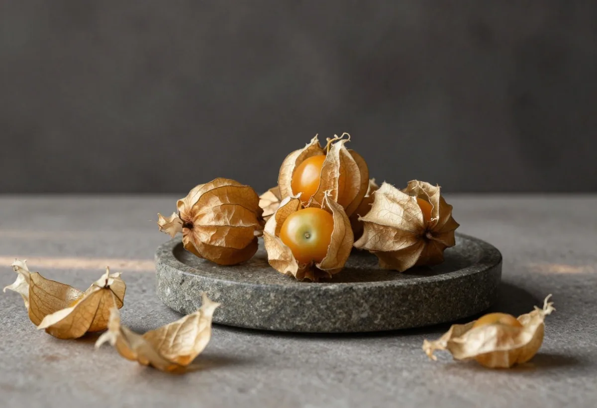 Cape gooseberries with husks on a stone plate