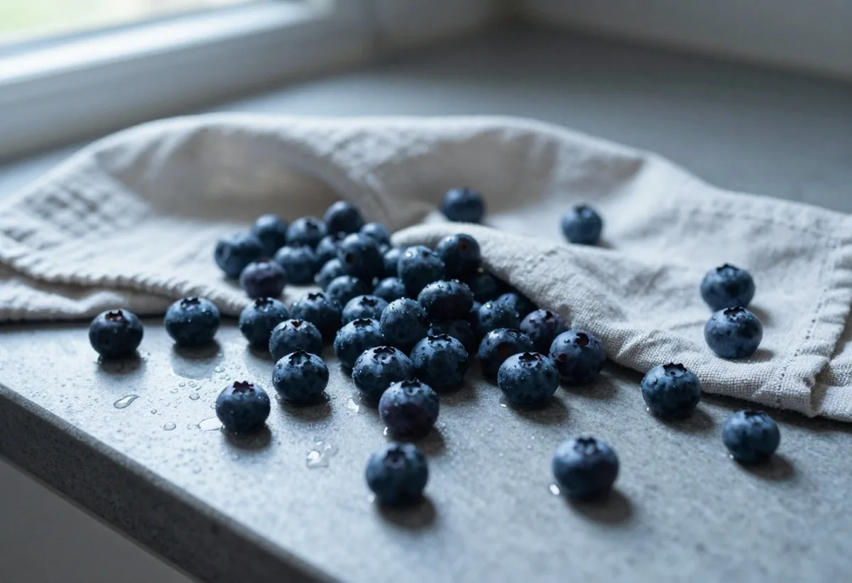 Fresh blueberries scattered on a wooden board