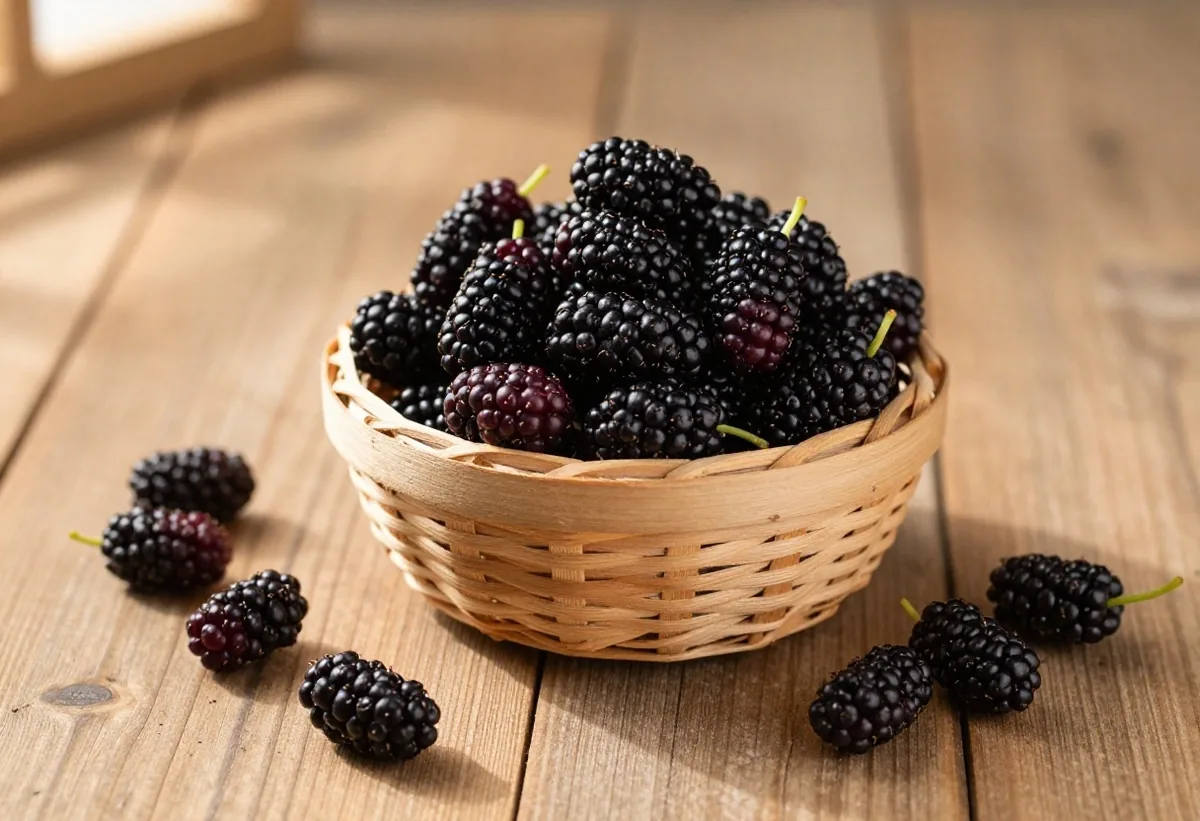 Fresh mulberries in a rustic basket