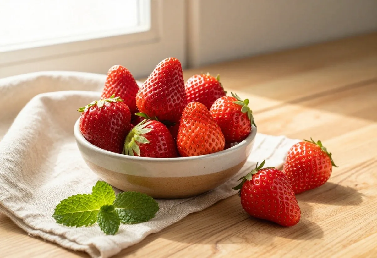 Fresh strawberries on a ceramic plate