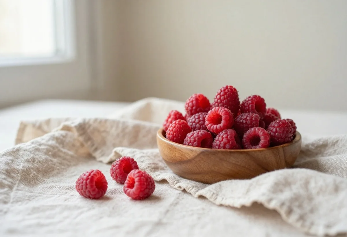 Red raspberries in a wooden bowl on linen