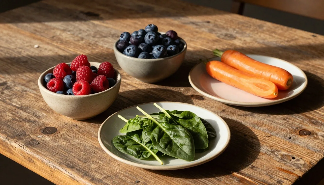 Fresh berries, spinach, and sliced carrots resting on a timber counter at golden hour
