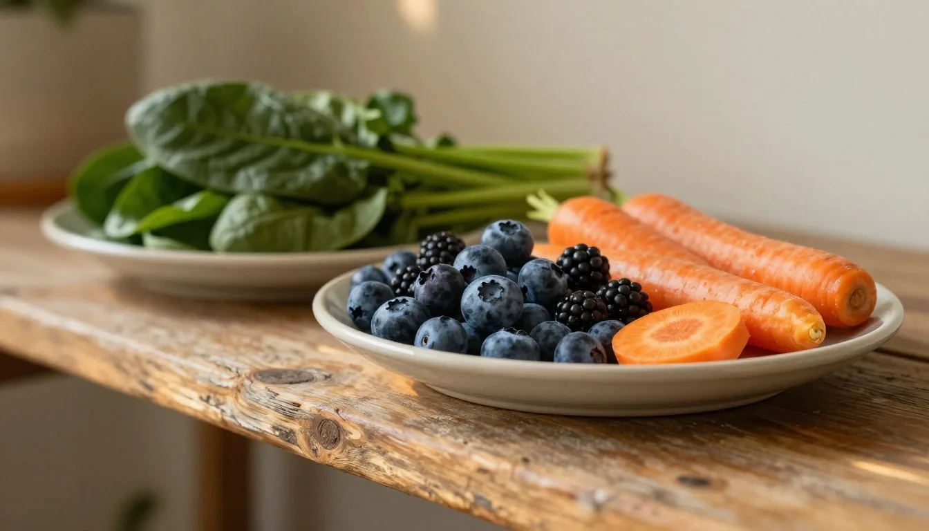 Fresh berries and leafy greens arranged on glaze plates along a timber shelf at golden hour