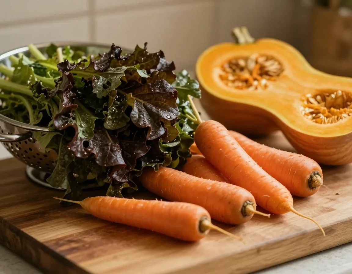 Fresh leafy greens, carrots, and sweet potatoes arranged on a timber kitchen counter