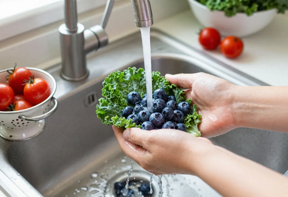 Hands arranging fresh vegetables and berries on a timber cutting board with a glaze plate nearby
