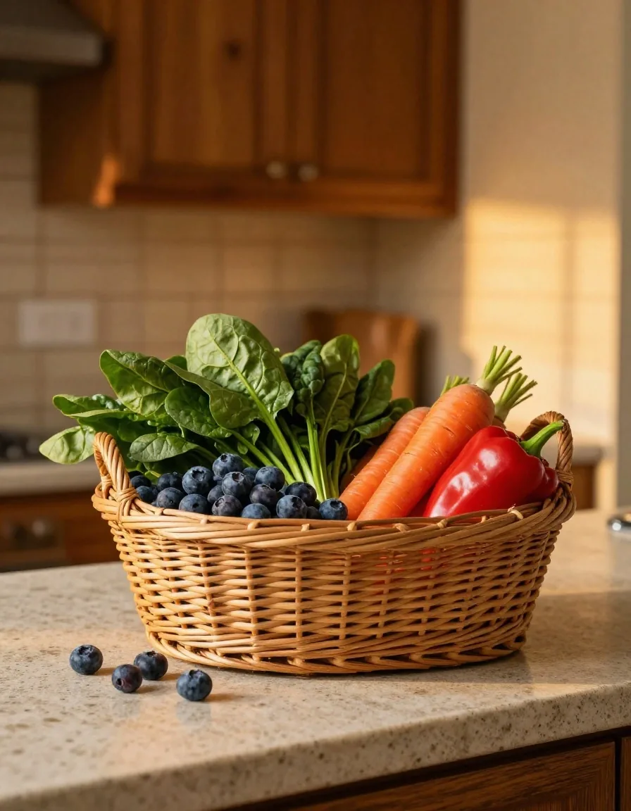 Basket of mixed eye-friendly produce on a stone counter