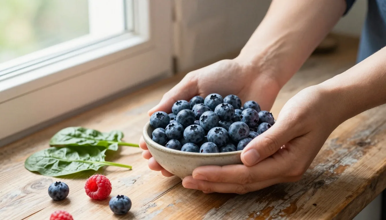 Hands preparing berries and leafy greens on a timber counter