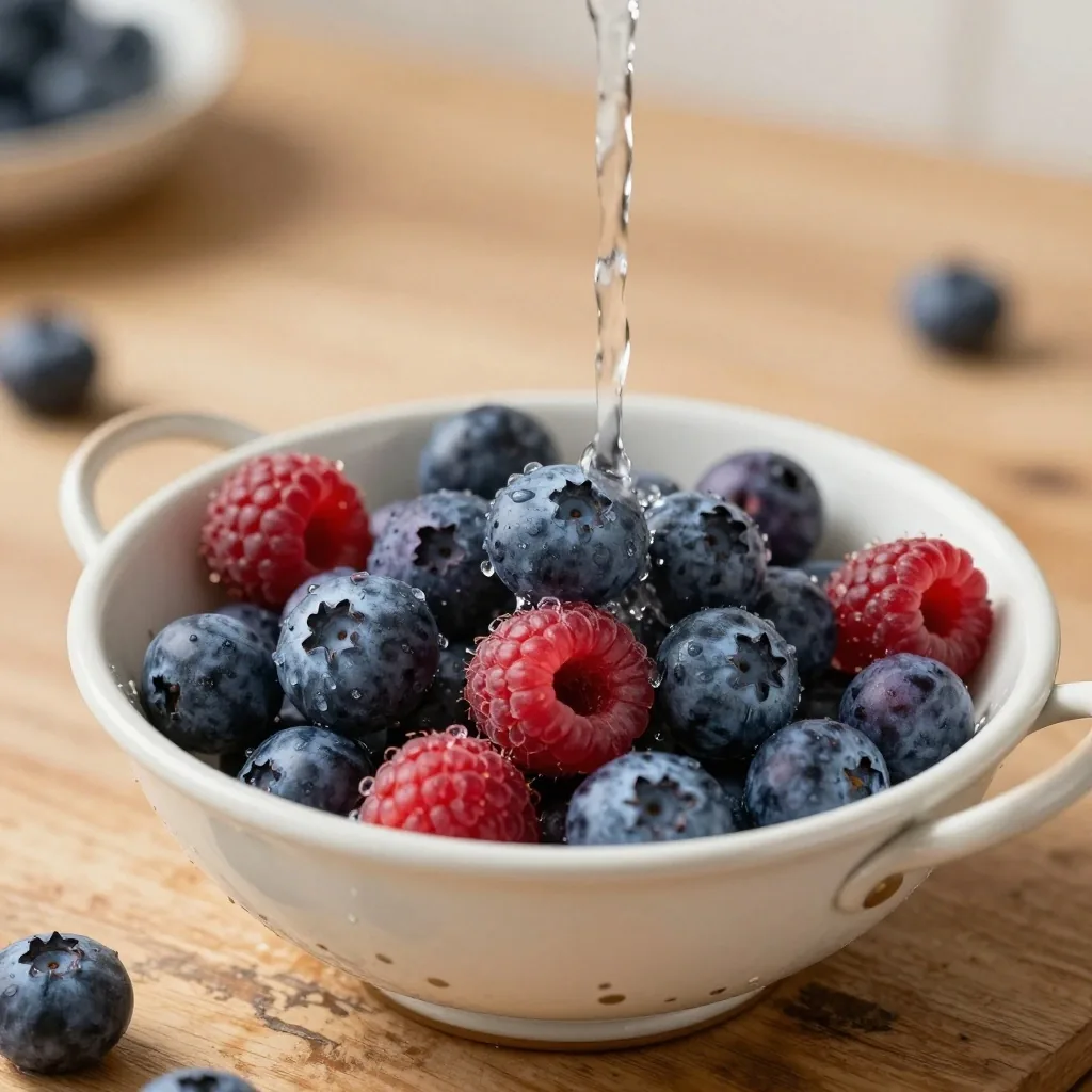 Rinsing blueberries and raspberries in a ceramic colander