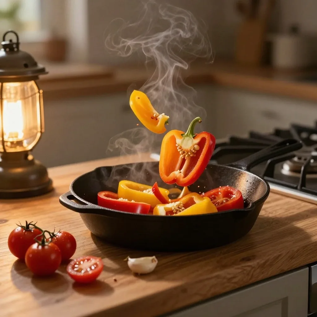 Sliced peppers and cherry tomatoes cooking in a warm pan