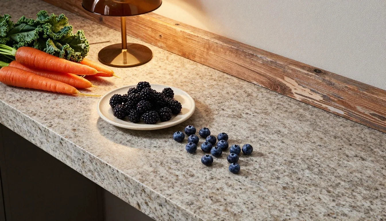Fresh berries and vegetables arranged on a stone counter at golden hour
