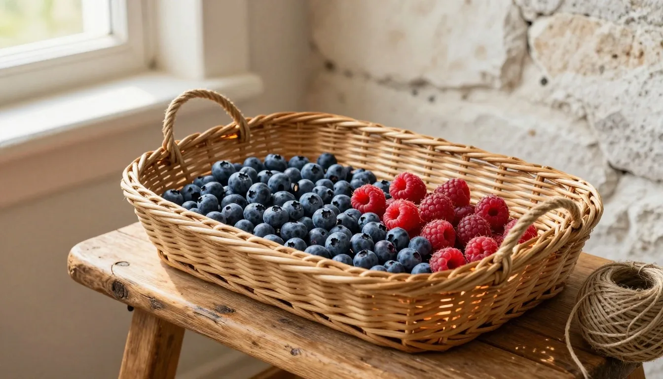 Open notebook and fresh berries on a warm timber desk