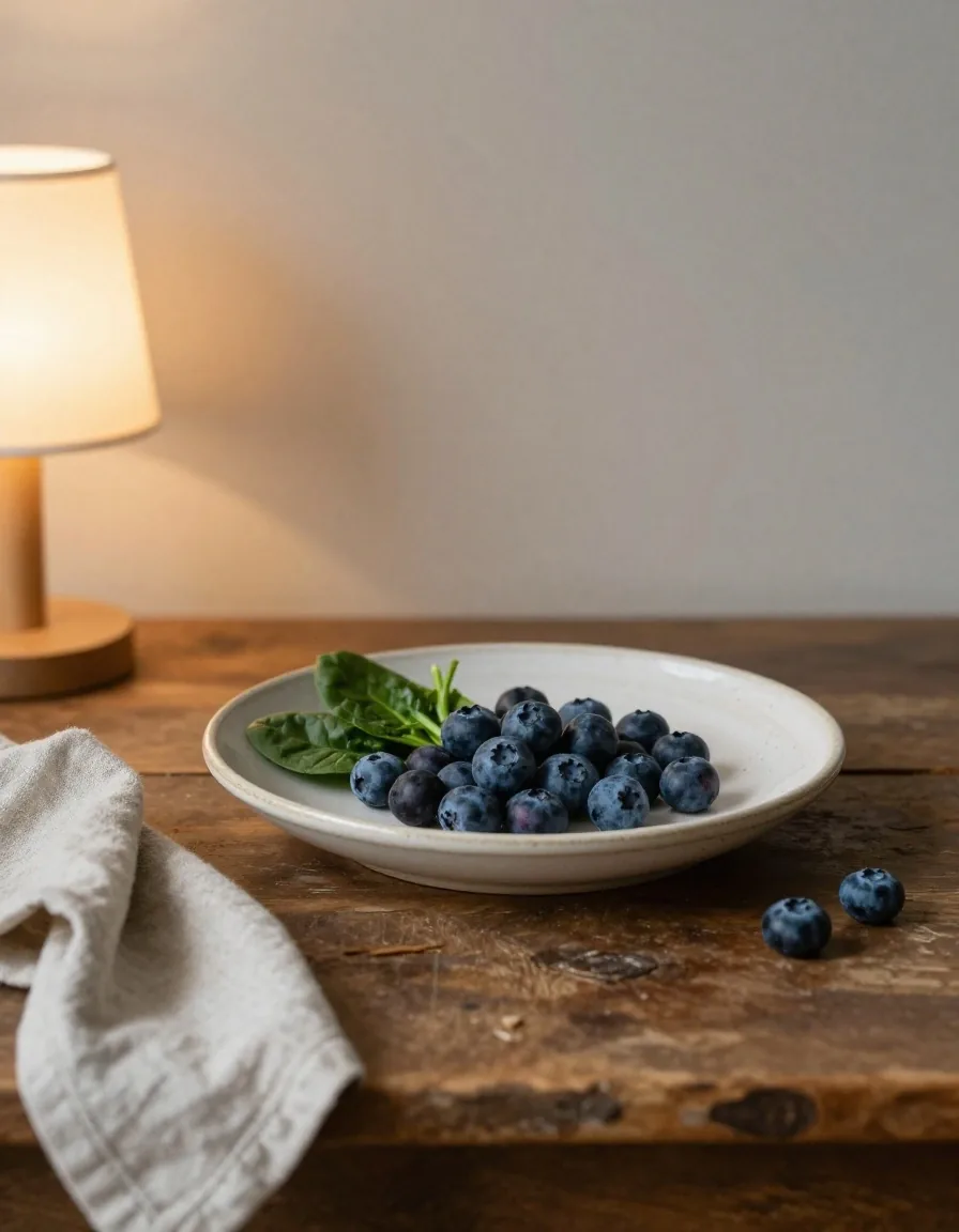 Blueberries and spinach on a ceramic plate