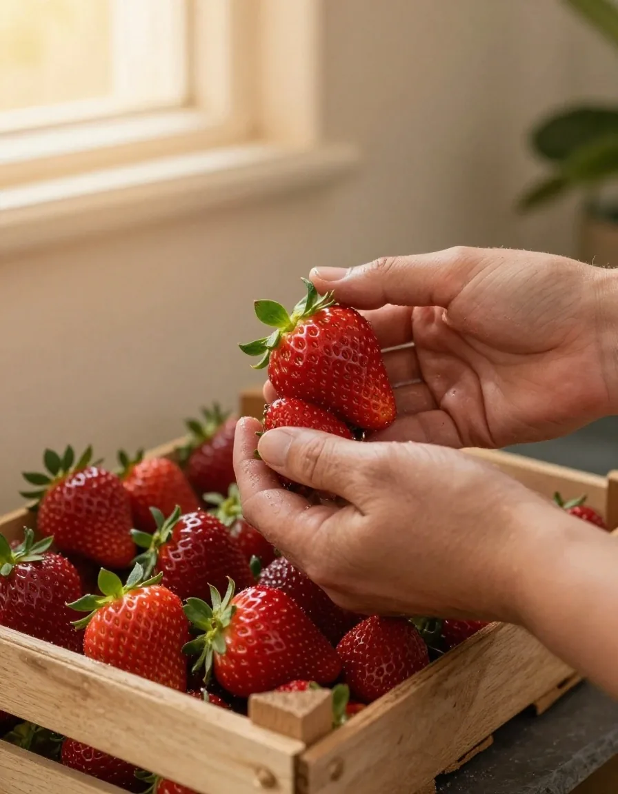 Hands inspecting fresh produce on a stone counter