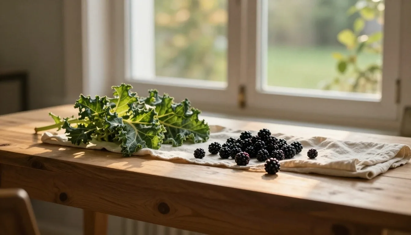 Produce arranged on a timber shelf under warm lamp light