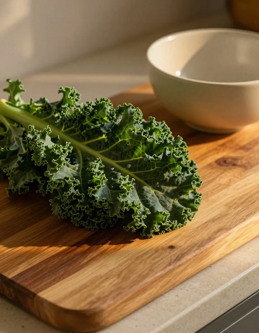 Dark green curly kale leaves on a timber cutting board with a ceramic bowl nearby