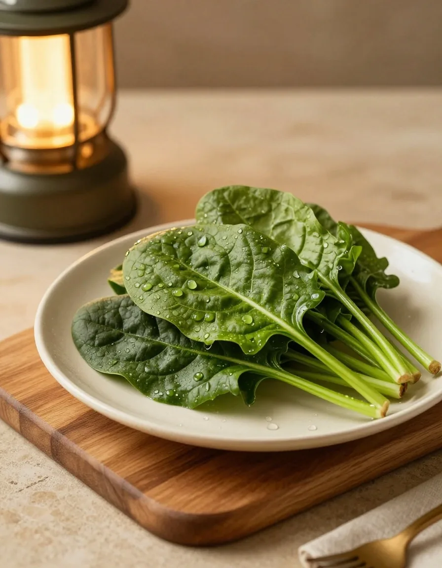 Fresh spinach leaves on a cream ceramic plate beside a wooden cutting board