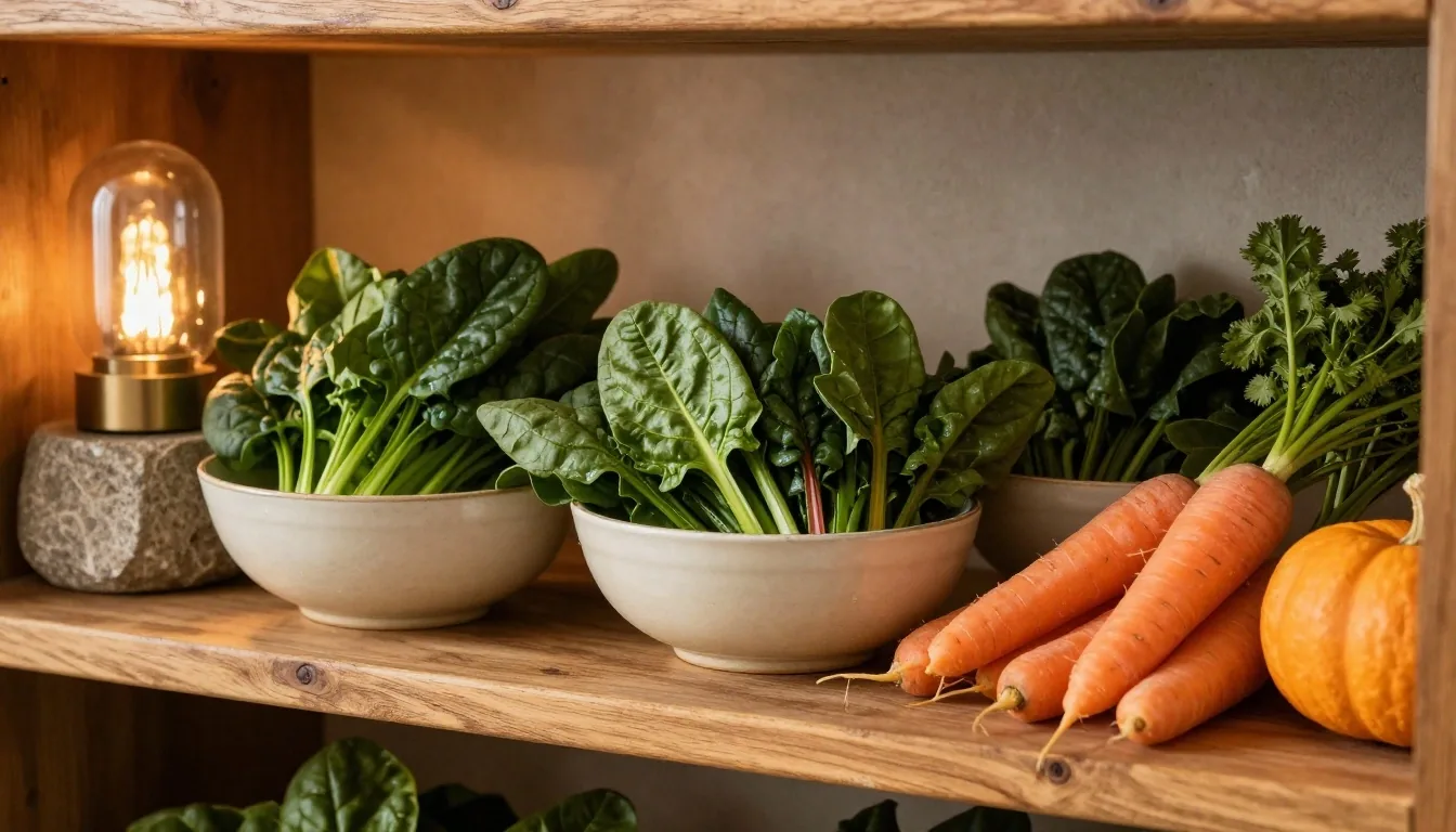 Leafy greens and orange-root vegetables arranged on glaze plates along a timber shelf in warm lamp light