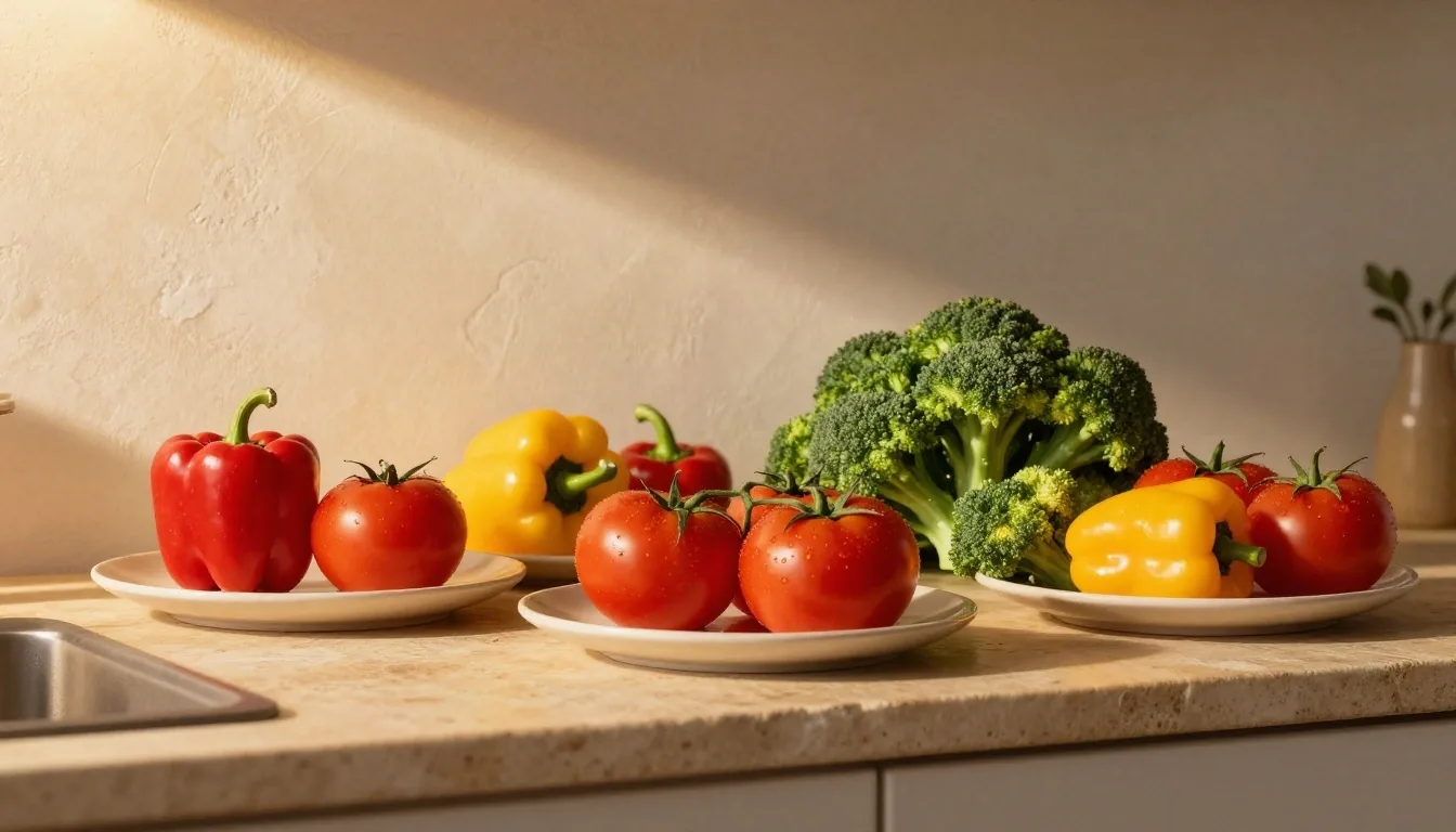 Red and yellow bell peppers, tomatoes, and broccoli florets arranged on a stone counter with ceramic plates